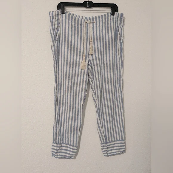 Faherty Blue Stripe Linen Blend Mid-Rise Drawstring Relaxed Pacific Beach Pant - Picture 7 of 12